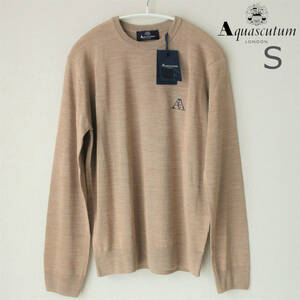  new goods unused tag attaching Aquascutum Aquascutum LONDON Logo high gauge knitted wool sweater ound-necked long sleeve beige men's S size 