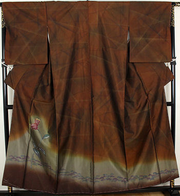 Striped Oshima Tsumugi Homongi Kimono, lined, pure silk, reddish brown, brown, hand-painted flowers, size 18, M, ki22426, new, women's kimono, for going out, free shipping, Women's kimono, kimono, Visiting dress, Ready-made