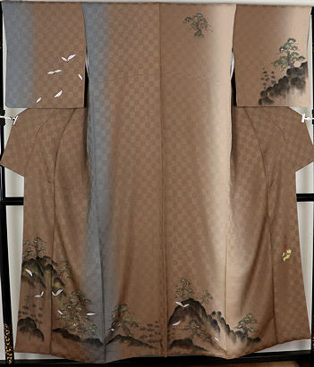 Yuzen formal kimono by Shigekichi Tsubota, lined, pure silk, brown, grey, beige, hand-painted pine tree, nanten, size 13, M, ki22924, good condition, kimono, free shipping, recycled, used, Women's kimono, kimono, Visiting dress, Ready-made