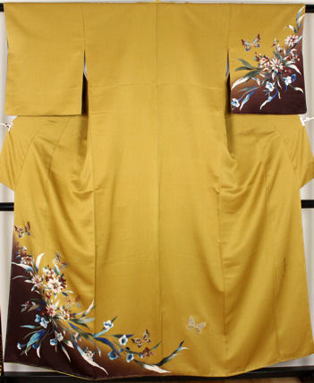 Visiter le kimono de Saito Sansai, doublé, pure soie, marron doré, violet rougeâtre, fleurs et papillons peints à la main, taille M, ki22712, nouveau, aux femmes, occasion officielle, livraison gratuite, Kimono femme, kimono, Robe de visite, Prêt à l'emploi