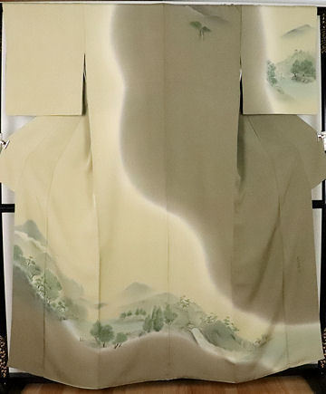 Wada Seiho's Yuzen Homongi, lined, pure silk, dark brown and beige, hand-painted Yuzen landscape painting, size L, ki24611, kimono, women's, official events, free shipping, recycled, used, Women's kimono, kimono, Visiting dress, Ready-made