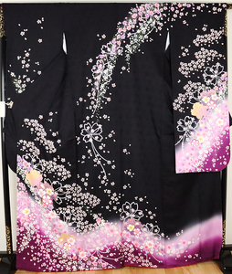 振袖 正絹 黒 ピンク 紫 桜紋 LLサイズ トールサイズ ki20843 美品 着物 レディース 成人式 送料無料 リサイクル 中古