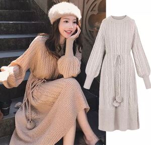 ラスト1着♪ 冬春物新商品 ポンポン付きのウエストリボンがアクセントのニットワンピ ニットワンピース ロング丈