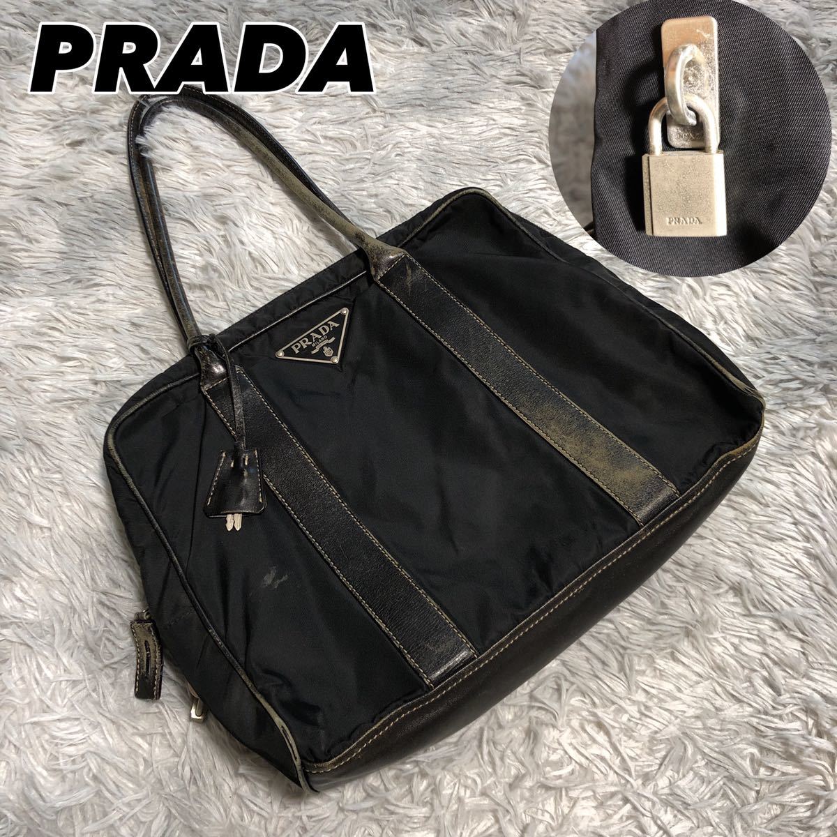 在庫僅少】 南京錠 ハンドバッグ 【極希少】PRADA 鍵 オールレザー 黒 オンラインストア通販店 【極希少】PRADA ハンドバッグ オールレザー 黒 ゴールド金具 鍵 南京錠 ハンドバッグ