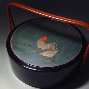 慶應◆明治時代 勇助塗 桜に鶏土筆蒔絵茶櫃 竹把手