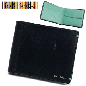 Paul Smith ポールスミス メンズ 財布 二つ折り 牛革 エンボスレザー ウォレット レザー ネイビー 中古品 ◆PSK32
