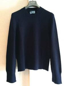  new goods Prada top class leather chi attaching alpaca knitted sweater prada navy 