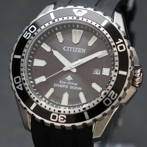 美品 CITIZEN シチズン プロマスター エコドライブ ダイバーズ 200M防水 E168-5111501 ソーラー 黒文字盤 デイト 純正ベルト メンズ腕時計