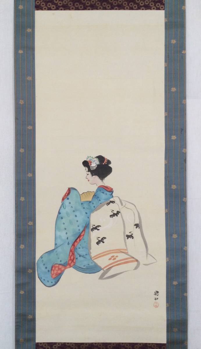 [Reproduction] Hanging Scroll by Kamoshita Choko, Girl, Silk, Japanese Painting, Portrait of a Beautiful Woman, Matsumoto Fuko's Gate, Tokyo, Painting, Japanese painting, person, Bodhisattva