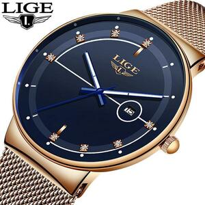Ligeファッションメンズ腕時計トップブランドの高級超薄型クォーツ時計男性のためのストラップ防水金時計レロジオmasculino