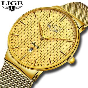 レロジオmasculino ligeファッションメンズ腕時計トップブランドの高級超薄型クォーツ時計男性鋼メッシュストラップ防水金時計