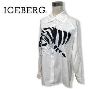  Italy made 1991 year 90s*ICEBERG Iceberg * lady's Tiger embroidery shirt shirt white white size 42 tube :C:01