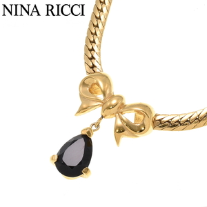美品 NINA RICCI ニナリッチ リボンモチーフ 色石付き ビジューネックレス ゴールド A33-3-01442