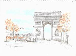 Art hand Auction Paysage urbain du patrimoine mondial, France, Paris, Arc de Triomphe, Papier à dessin F4, aquarelle originale, peinture, aquarelle, Nature, Peinture de paysage