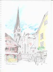 Art hand Auction Paysage urbain du patrimoine mondial, Hallstatt, L'Autriche, Peinture, aquarelle, Nature, Peinture de paysage