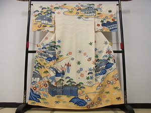 着物屋こころ■訪問着 駒刺繍 流水風景花文 藍 金彩 高島屋扱い 正絹 逸品 st616