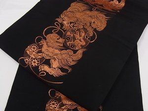 着物屋こころ■アンティーク 大正ロマン 塩瀬 全通柄九寸名古屋帯 刺繍 唐獅子 黒地 正絹 逸品 ay468