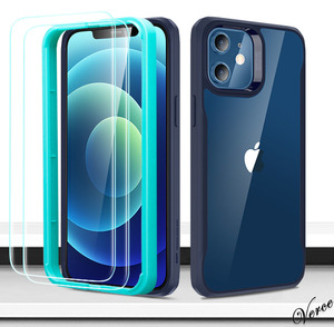 【ブルーフレーム】 6.1インチ iPhone 12 Pro ケース カバー ガラスフィルム付き ハード背面 軽量 ワイヤレス 貼り付けガイド枠付属