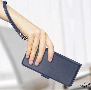 [ navy with strap .] PU leather notebook type cover iPhone 12 mini 5.4 -inch case side magnet stand function good quality hand ..