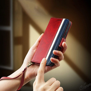 【レッド × ブルー】 ストラップ付き 手帳型カバー iPhone 12 Pro Max 6.7インチ ケース サイドマグネット スタンド機能 PUレザー