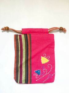 和柄 刺し子 アップリケ コットン巾着◆ピンク系◆和風小物 和柄 日本 民芸