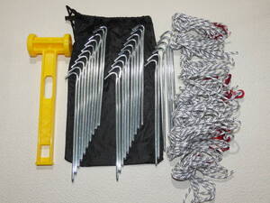 ◆◇★【未使用品】ペグ(26本)、ロープ(240cm 10本)、ペグ打ちハンマー(収納袋付)★◇◆