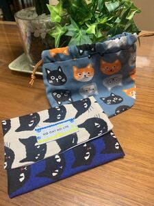 ハンドメイド 猫柄 ティッシュケース&ミニ巾着セット