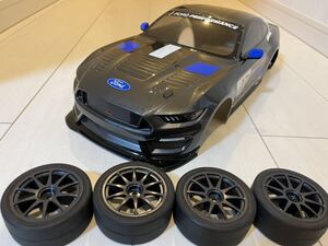 【未使用】タミヤ フォード マスタング GT4 XB メーカー塗装済みボディ リアスポ&ライトケース付き タイヤ、ホイールセットTT-02 TT-01