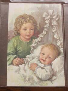 Art hand Auction Painting★A boy watching over a baby★Christian painting Christmas card, antique, collection, Printed materials, others