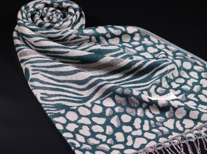 WINTER PASHMINAS◆KV-3028 極上 パシュミナ100%【ダークグリーン系/レオパード】大判 ストール/マフラー Scarf/ Stall