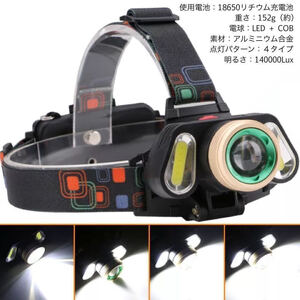 LEDヘッドライト 高輝度 充電式 3灯 ヘッドランプ 4パターン点灯 COB 頭 140000Lux 作業灯 USB充電式 キャンプ 登山 防災 夜釣り 爆光