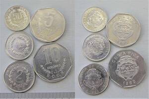 コスタリカ（Y-不明）50センチモ、1，2，5，10コロン　白銅貨　1982~85年銘　合計5個