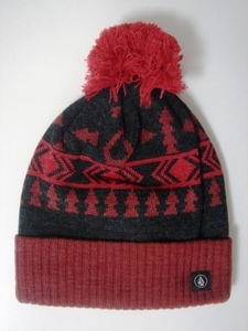 VOLCOM GIRL'S ボルコム K5851904HBK② レディース ビーニー Beanie ニット帽 ポンポン付き 帽子 赤×黒色 ヴォルコム 新品 即決 送料無料