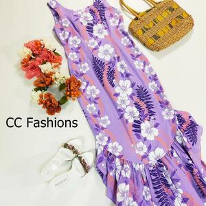 CC Fashions ハワイ製 ハワイアン アロハ ノースリーブ CCファッションズ ハワインアンドレス パープル マーメイドワンピ マキシ丈 2876