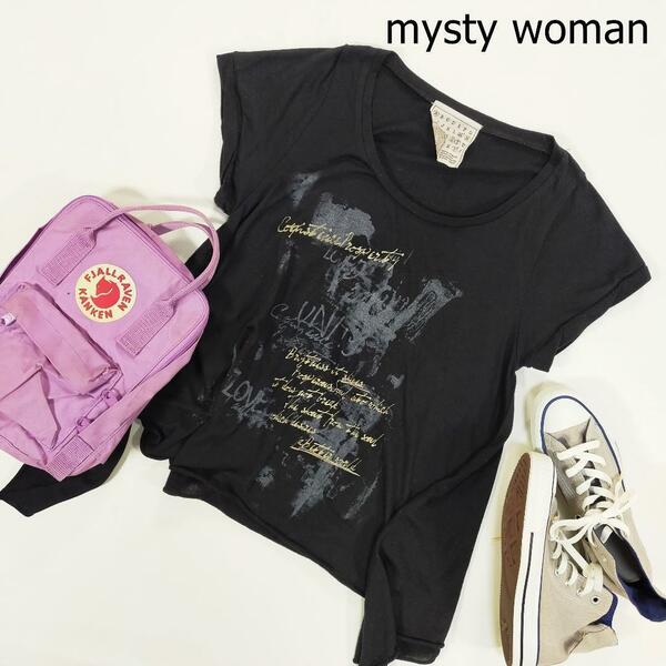 mysty woman ミスティウーマン Tシャツ ブラック 黒 アシンメトリー 半袖 プリントTシャツ 2208