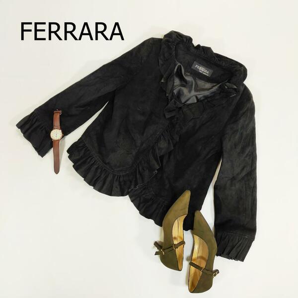 FERRARA センターフリル フェラーラ レザージャケット ブラック 襟フリル ショート丈 ノーカラー 3763