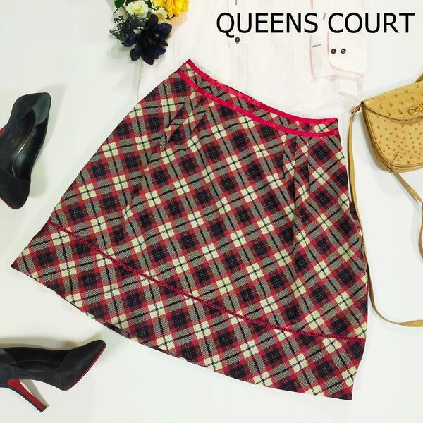 QUEENS COURT ギャザー サイドチャック 裏地有り 日本製 クイーンズコート 台形スカート ひざ丈 くすみレッド チェック サイズ2 M 2881