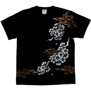 Art hand Auction メンズ Tシャツ Mサイズ 黒 和柄 桜柄Tシャツ ブラック ハンドメイド 手描きTシャツ, Mサイズ, 丸首, 柄もの