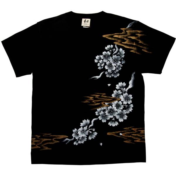 メンズ Tシャツ XLサイズ 黒 和柄 桜柄Tシャツ ブラック ハンドメイド 手描きTシャツ 春, XLサイズ以上, 丸首, 柄もの
