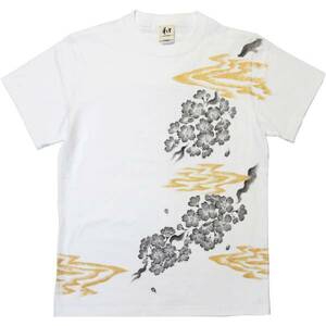Art hand Auction T-shirt pour hommes, taille L, blanc, motif japonais, t-shirt à motif de fleurs de cerisier, blanc, Fait main, t-shirt peint à la main, Grande taille, Col rond, À motifs