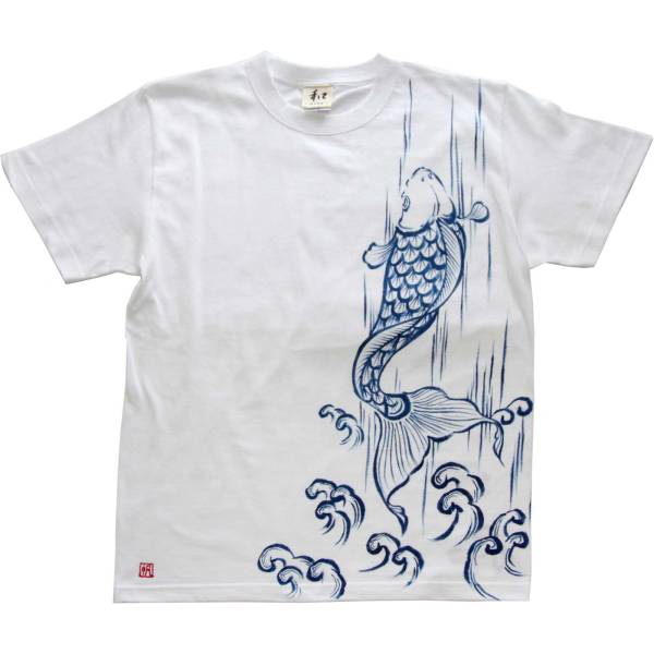 Men's T-shirt, size M, white, climbing carp pattern T-shirt, white, handmade, hand-drawn T-shirt, Japanese pattern, Medium size, Crew neck, Patterned