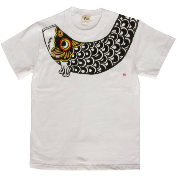 メンズ Tシャツ Mサイズ 白 鯉のぼり柄 Tシャツ ホワイト ハンドメイド 手描きTシャツ 和柄, Mサイズ, 丸首, 柄もの