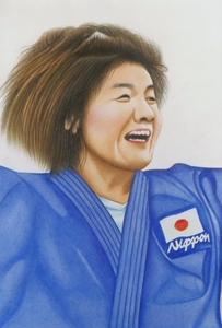 〇色鉛筆画・宅配８０サイズ・人物画 スポーツ選手 柔道選手 (232×330) 絵画 谷亮子 オリンピック金メダリスト 田村亮子 イラスト 