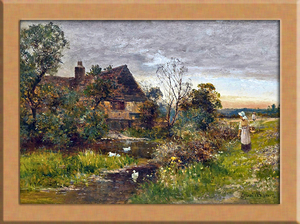 川沿いを歩く女性 A4 イギリス, 絵画, 油彩, 自然、風景画