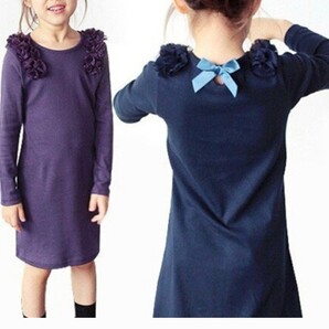 肩フリルが可愛い。キッズワンピース ネイビー りぼん 子供 子供服 140センチ