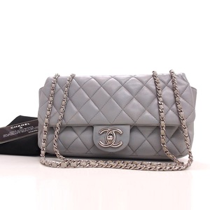 1円人気☆シャネル☆ラムスキン マトラッセ シングルフラップ チェーンショルダー グレーブルー系 SV金具【CHANEL】