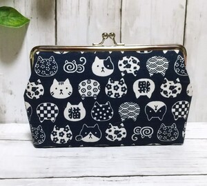 和柄 猫 フェイス 角型 がま口ポーチ 通帳ケース 多目的ポーチ
