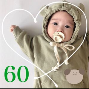 くまさん ロンパース 60 カーキ くすみカラー グリーン パーカー 韓国 長袖 キッズ ベビー