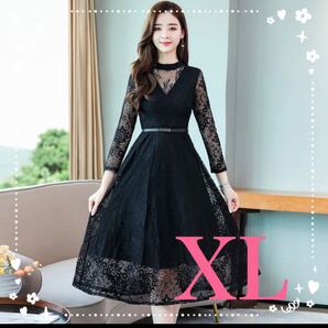 レース パーティ 長袖 ワンピース ドレス XL ブラック 結婚式 二次会 韓国 パーティードレス 結婚式ワンピース