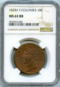 古銭 フランス 銀貨 希少 コイン 植民地 ガイアナ 10センティム 1828年 パリ造幣局 NGC MS63 RB